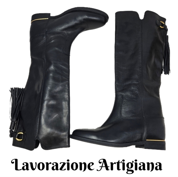 Lavorazione Artigiana Womens Riding Boots Sz 40=9 Black Italian Leather Tasseled - Picture 1 of 14